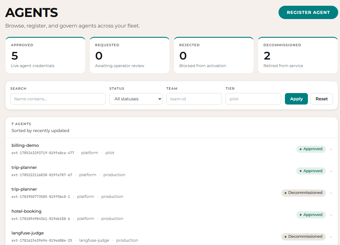 Brighting platform — agents fleet overview: approved, requested and decommissioned agents with status, team and tier