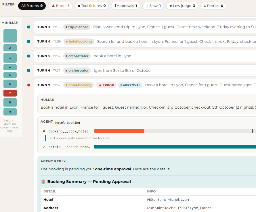 Brighting platform — session trace: every turn of a run with per-turn status (errors, approvals), a duration minimap, and a booking held for one-time approval